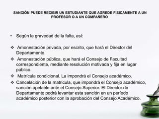 SANCIÓN PUEDE RECIBIR UN ESTUDIANTE QUE AGREDE FÍSICAMENTE A UN 
PROFESOR O A UN COMPAÑERO 
• Según la gravedad de la falta, así: 
 Amonestación privada, por escrito, que hará el Director del 
Departamento. 
 Amonestación pública, que hará el Consejo de Facultad 
correspondiente, mediante resolución motivada y fija en lugar 
público. 
 Matrícula condicional. La impondrá el Consejo académico. 
 Cancelación de la matricula, que impondrá el Consejo académico, 
sanción apelable ante el Consejo Superior. El Director de 
Departamento podrá levantar esta sanción en un período 
académico posterior con la aprobación del Consejo Académico. 
 