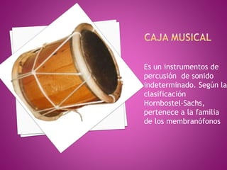 Es un instrumentos de 
percusión de sonido 
indeterminado. Según la 
clasificación 
Hornbostel-Sachs, 
pertenece a la familia 
de los membranófonos 
 