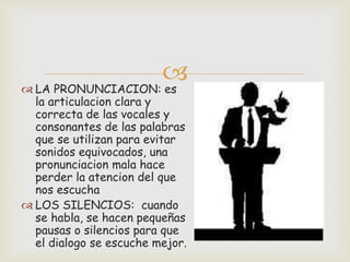  
 LA PRONUNCIACION: es 
la articulacion clara y 
correcta de las vocales y 
consonantes de las palabras 
que se utilizan para evitar 
sonidos equivocados, una 
pronunciacion mala hace 
perder la atencion del que 
nos escucha 
 LOS SILENCIOS: cuando 
se habla, se hacen pequeñas 
pausas o silencios para que 
el dialogo se escuche mejor. 
 