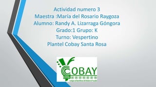 Actividad numero 3 
Maestra :María del Rosario Raygoza 
Alumno: Randy A. Lizarraga Góngora 
Grado:1 Grupo: K 
Turno: Vespertino 
Plantel Cobay Santa Rosa 
 