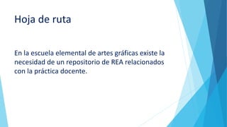Hoja de ruta
En la escuela elemental de artes gráficas existe la
necesidad de un repositorio de REA relacionados
con la práctica docente.