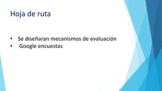 Hoja de ruta
• Se diseñaran mecanismos de evaluación
• Google encuestas