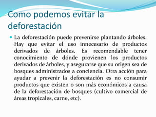 Como podemos evitar la 
deforestación 
 La deforestación puede prevenirse plantando árboles. 
Hay que evitar el uso innecesario de productos 
derivados de árboles. Es recomendable tener 
conocimiento de dónde provienen los productos 
derivados de árboles, y asegurarse que su origen sea de 
bosques administrados a conciencia. Otra acción para 
ayudar a prevenir la deforestación es no consumir 
productos que existen o son más económicos a causa 
de la deforestación de bosques (cultivo comercial de 
áreas tropicales, carne, etc). 
 