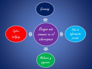 Grooming 
Riesgos más 
comunes en el 
ciberespacio 
Robo de 
información 
privada 
Malware y 
spyware 
Cyber 
bullying 
 