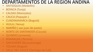 DEPARTAMENTOS DE LA REGION ANDINA 
• ANTIOQUIA (Medellín) 
• BOYACA (Tunja) 
• CALDAS (Manizales) 
• CAUCA (Popayán ) 
• CUNDINAMARCA (Bogotá) 
• HUILA ( Neiva) 
• NARIÑO ( san juan de pasto) 
• NORTE DE SANTANDER (Cúcuta) 
• QUINDIO (armenia) 
• RISARALDA ( Pereira) 
• SANTANDER (Bucaramanga) 
• TOLIMA (Ibagué) 
• VALLE DEL CAUCA (Santiago de Cali) 
 