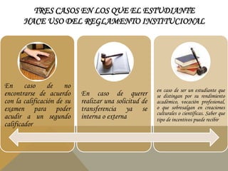 TRES CASOS EN LOS QUE EL ESTUDIANTE 
HACE USO DEL REGLAMENTO INSTITUCIONAL 
En caso de no 
encontrarse de acuerdo 
con la calificación de su 
examen para poder 
acudir a un segundo 
calificador 
En caso de querer 
realizar una solicitud de 
transferencia ya se 
interna o externa 
en caso de ser un estudiante que 
se distingan por su rendimiento 
académico, vocación profesional, 
o que sobresalgan en creaciones 
culturales o científicas. Saber que 
tipo de incentivos puede recibir 
 