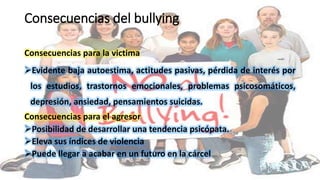Consecuencias del bullying 
Consecuencias para la victima 
Evidente baja autoestima, actitudes pasivas, pérdida de interés por 
los estudios, trastornos emocionales, problemas psicosomáticos, 
depresión, ansiedad, pensamientos suicidas. 
Consecuencias para el agresor 
Posibilidad de desarrollar una tendencia psicópata. 
Eleva sus índices de violencia 
Puede llegar a acabar en un futuro en la cárcel 
 