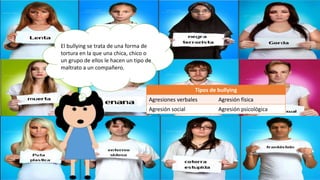 Tipos de bullying 
El bullying se trata de una forma de 
tortura en la que una chica, chico o 
un grupo de ellos le hacen un tipo de 
maltrato a un compañero. 
Agresiones verbales Agresión física 
Agresión social Agresión psicológica 
 