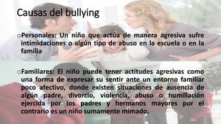 Causas del bullying 
oPersonales: Un niño que actúa de manera agresiva sufre 
intimidaciones o algún tipo de abuso en la escuela o en la 
familia 
oFamiliares: El niño puede tener actitudes agresivas como 
una forma de expresar su sentir ante un entorno familiar 
poco afectivo, donde existen situaciones de ausencia de 
algún padre, divorcio, violencia, abuso o humillación 
ejercida por los padres y hermanos mayores por el 
contrario es un niño sumamente mimado. 
 