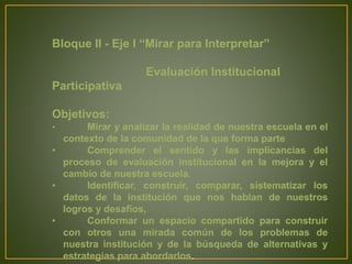 Bloque II - Eje I “Mirar para Interpretar” 
Evaluación Institucional 
Participativa 
Objetivos: 
• Mirar y analizar la realidad de nuestra escuela en el 
contexto de la comunidad de la que forma parte 
• Comprender el sentido y las implicancias del 
proceso de evaluación institucional en la mejora y el 
cambio de nuestra escuela. 
• Identificar, construir, comparar, sistematizar los 
datos de la institución que nos hablan de nuestros 
logros y desafíos, 
• Conformar un espacio compartido para construir 
con otros una mirada común de los problemas de 
nuestra institución y de la búsqueda de alternativas y 
estrategias para abordarlos. 
 