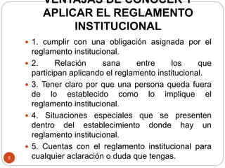 VENTAJAS DE CONOCER Y 
APLICAR EL REGLAMENTO 
INSTITUCIONAL 
5 
 1. cumplir con una obligación asignada por el 
reglamento institucional. 
 2. Relación sana entre los que 
participan aplicando el reglamento institucional. 
 3. Tener claro por que una persona queda fuera 
de lo establecido como lo implique el 
reglamento institucional. 
 4. Situaciones especiales que se presenten 
dentro del establecimiento donde hay un 
reglamento institucional. 
 5. Cuentas con el reglamento institucional para 
cualquier aclaración o duda que tengas. 
 