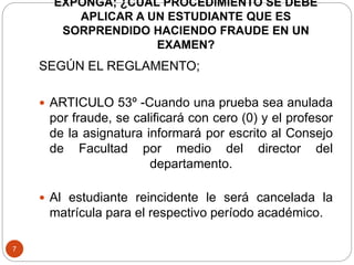 EXPONGA; ¿CUÁL PROCEDIMIENTO SE DEBE 
APLICAR A UN ESTUDIANTE QUE ES 
SORPRENDIDO HACIENDO FRAUDE EN UN 
EXAMEN? 
7 
SEGÚN EL REGLAMENTO; 
 ARTICULO 53º -Cuando una prueba sea anulada 
por fraude, se calificará con cero (0) y el profesor 
de la asignatura informará por escrito al Consejo 
de Facultad por medio del director del 
departamento. 
 Al estudiante reincidente le será cancelada la 
matrícula para el respectivo período académico. 
 