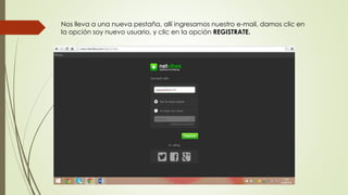 Nos lleva a una nueva pestaña, allí ingresamos nuestro e-mail, damos clic en 
la opción soy nuevo usuario, y clic en la opción REGISTRATE. 
 