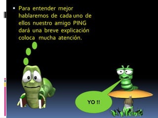  Para entender mejor 
hablaremos de cada uno de 
ellos nuestro amigo PING 
dará una breve explicación 
coloca mucha atención. 
YO !! 
 