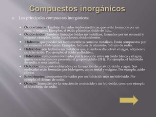 Los principales compuestos inorgánicos: 
 Óxidos básicos :También llamados óxidos metálicos, que están formados por un 
metal y oxígeno. Ejemplos, el óxido plúmbico, óxido de litio,. 
 Óxidos ácidos :También llamados óxidos no metálicos, formados por un no metal y 
oxígeno. ejemplos, óxido hipocloroso, óxido selenios. 
 Hidruros: que pueden ser tanto metálicos como no metálicos. Están compuestos por 
un elemento e hidrógeno. Ejemplos, hidruro de aluminio, hidruro de sodio,. 
 Hidrácidos: son hidruros no metálicos que, cuando se disuelven en agua, adquieren 
carácter ácido. Por ejemplo, el ácido yodhídrico,. 
 Hidróxidos: compuestos formados por la reacción entre un óxido básico y el agua, 
que se caracterizan por presentar el grupo oxidrilo (OH). Por ejemplo, el hidróxido 
de sodio, o sosa cáustica. 
 Oxácidos: compuestos obtenidos por la reacción de un óxido ácido y agua. Sus 
moléculas están formadas por hidrógeno, un no metal y oxígeno. Por ejemplo, ácido 
clórico. 
 Sales binarias: compuestos formados por un hidrácido más un hidróxido. Por 
ejemplo, el cloruro de sodio. 
 Oxisales: formadas por la reacción de un oxácido y un hidróxido, como por ejemplo 
el hipoclorito de sodio. 
 