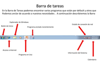 Barra de tareas 
En la Barra de Tareas podemos encontrar varios programas que están por default y otros que 
Podemos anclar de acuerdo a nuestras necesidades . A continuación describiremos la Barra 
Explorador de Windows 
Botón de Inicio 
Acceso a Internet 
Programa anclado recientemente 
Programa en Uso 
Estado de conexión de red 
Información del Sistema 
Calendario 
 