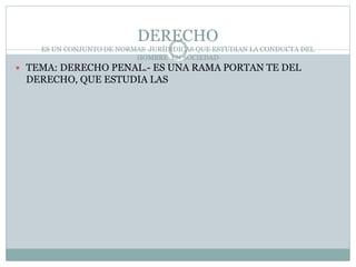DERECHO
ES UN CONJUNTO DE NORMAS JURÍDIDICAS QUE ESTUDIAN LA CONDUCTA DEL
HOMBRE EN SOCIEDAD
 TEMA: DERECHO PENAL.- ES UNA RAMA PORTAN TE DEL
DERECHO, QUE ESTUDIA LAS
 
