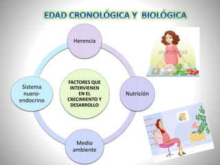 FACTORES QUE
INTERVIENEN
EN EL
CRECIMIENTO Y
DESARROLLO
Herencia
Nutrición
Medio
ambiente
Sistema
nuero-
endocrino
 