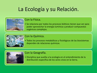 La Ecología y su Relación. 
Con la Física. 
• Se relaciona por todos los procesos bióticos tienen que ver para 
poder aprovechar la energía lumínica y producir compuestos 
orgánicos complejos. 
Con la Química. 
• Todos los procesos metabólicos y fisiológicos de las biosistemas 
dependen de relaciones químicas. 
Con la Geografía. 
• Disciplina que auxilia a la ecología en el entendimiento de la 
distribución especifica de los seres vivos en la tierra. 
 