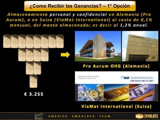 ¿Como Recibir las Ganancias? – 1° Opción 
Alma c e n ami e n t o p e r s o n a l y c o n f i d e n c i a l e n Al ema n i a ( P r o 
Au r um) , o e n S u i za ( V i aMa t I n t e r n a t i o n a l ) a l c o s t o d e 0 , 1% 
me n s u a l , d e l mo n t o a lma c e n a d o ; e s d e c i r a l 1 , 2% a n u a l . 
A M É R I C A E M G O L D E X T E A M 
 