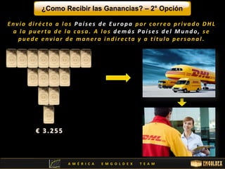 ¿Como Recibir las Ganancias? – 2° Opción 
E n v í o d i r é c t o a l o s P a í s e s d e E u r o p a p o r c o r r e o p r i v a d o DHL 
a l a p u e r t a d e l a c a s a . A l o s d emá s P a í s e s d e l Mu n d o , s e 
p u e d e e n v i a r d e ma n e r a i n d i r e c t a y a t í t u l o p e r s o n a l . 
A M É R I C A E M G O L D E X T E A M 
 