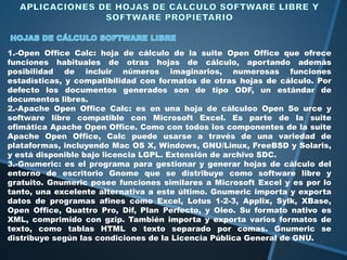 1.-Open Office Calc: hoja de cálculo de la suite Open Office que ofrece 
funciones habituales de otras hojas de cálculo, aportando además 
posibilidad de incluir números imaginarios, numerosas funciones 
estadísticas, y compatibilidad con formatos de otras hojas de cálculo. Por 
defecto los documentos generados son de tipo ODF, un estándar de 
documentos libres. 
2.-Apache Open Office Calc: es en una hoja de cálculoo Open So urce y 
software libre compatible con Microsoft Excel. Es parte de la suite 
ofimática Apache Open Office. Como con todos los componentes de la suite 
Apache Open Office, Calc puede usarse a través de una variedad de 
plataformas, incluyendo Mac OS X, Windows, GNU/Linux, FreeBSD y Solaris, 
y está disponible bajo licencia LGPL. Extensión de archivo SDC. 
3.-Gnumeric: es el programa para gestionar y generar hojas de cálculo del 
entorno de escritorio Gnome que se distribuye como software libre y 
gratuito. Gnumeric posee funciones similares a Microsoft Excel y es por lo 
tanto, una excelente alternativa a este último. Gnumeric importa y exporta 
datos de programas afines como Excel, Lotus 1-2-3, Applix, Sylk, XBase, 
Open Office, Quattro Pro, Dif, Plan Perfecto, y Oleo. Su formato nativo es 
XML, comprimido con gzip. También importa y exporta varios formatos de 
texto, como tablas HTML o texto separado por comas. Gnumeric se 
distribuye según las condiciones de la Licencia Pública General de GNU. 
 