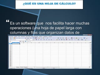  
Es un software que nos facilita hacer muchas 
operaciones (una hoja de papel larga con 
columnas y filas que organizan datos de 
transacciones para ser analizada por una 
persona de negocios) . Muestra los costos , 
ingresos y mas información en una sola hoja 
para que un gerente o empresario la examine 
para tomar decisiones . 
 