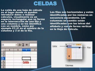 La celda de una hoja de cálculo 
es el lugar donde se pueden 
introducir datos o realizar 
cálculos, visualmente es un 
espacio rectangular que se forma 
en la intersección de una fila y 
una columna y se les identifica 
con un nombre, como por 
ejemplo C3 (C es el nombre de la 
columna y 3 el de la fila. 
Las filas son horizontales y están 
identificadas por los números en 
secuencia ascendente. Las 
columnas en cambio están 
identificadas con las letras del 
alfabeto y van de forma vertical 
en la Hoja de Cálculo. 
 