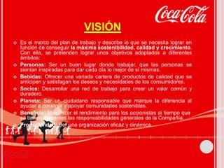 VISIÓN 
 Es el marco del plan de trabajo y describe lo que se necesita lograr en 
función de conseguir la máxima sostenibilidad, calidad y crecimiento. 
Con ella, se pretenden lograr unos objetivos adaptados a diferentes 
ámbitos: 
 Personas: Ser un buen lugar donde trabajar, que las personas se 
sientan inspiradas para dar cada día lo mejor de sí mismas. 
 Bebidas: Ofrecer una variada cartera de productos de calidad que se 
anticipen y satisfagan los deseos y necesidades de los consumidores. 
 Socios: Desarrollar una red de trabajo para crear un valor común y 
duradero. 
 Planeta: Ser un ciudadano responsable que marque la diferencia al 
ayudar a construir y apoyar comunidades sostenibles. 
 Beneficio: Maximizar el rendimiento para los accionistas al tiempo que 
se tienen presentes las responsabilidades generales de la Compañía. 
 Productividad: Ser una organización eficaz y dinámica. 
 