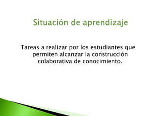 Tareas a realizar por los estudiantes que 
permiten alcanzar la construcción 
colaborativa de conocimiento. 
 