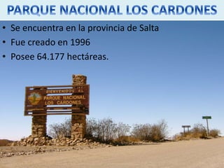 • Se encuentra en la provincia de Salta 
• Fue creado en 1996 
• Posee 64.177 hectáreas. 
 