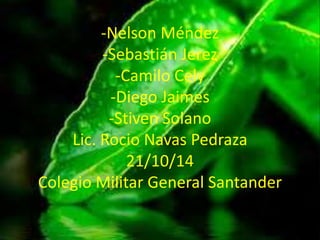 -Nelson Méndez 
-Sebastián Jerez 
-Camilo Cely 
-Diego Jaimes 
-Stiven Solano 
Lic. Rocio Navas Pedraza 
21/10/14 
Colegio Militar General Santander 
 