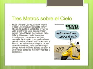 Tres Metros sobre el Cielo 
 Hugo Olivera Castro, alias H (Mario 
Casas), es un joven apuesto y muy 
liberal, le gusta la velocidad y vivir la 
vida al extremo junto con su mejor 
amigo Pollo (Álvaro Cervantes). Babi, 
(María Valverde) pertenece a un 
mundo en el que parece sentirse 
cómoda; la arropan unos padres bien 
posicionados, una educación estricta y 
elitista, así como los privilegios de ser 
una niña de bien, junto con su mejor 
amiga Katina (Marina Salas), asisten a 
uno de los colegios más reconocidos y 
exigentes. 
 