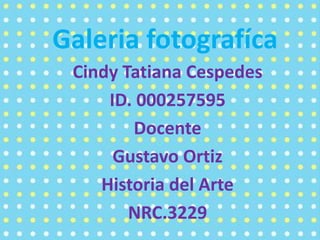 Galeria fotografíca 
Cindy Tatiana Cespedes 
ID. 000257595 
Docente 
Gustavo Ortiz 
Historia del Arte 
NRC.3229 
 