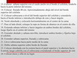 13. Colocar sabana superior con el ruedo ancho en el borde el colchón, tenderla 
hacia la parte inferior del mismo. 
14. Colocar frazada 40 cm. Aproximadamente abajo del nivel del borde 
superior del colchón 
15. Colocar cubrecama a nivel del borde superior del colchón y extenderlo 
hacia el borde inferior e introducirlo debajo de este y hacer ángulo 
16. Vestir almohada y colocarla horizontalmente en el centro de la cama 
17. Pase al lado distal, coloque la ropa en forma de abanico en el centro de ella. 
18. Extienda sabana inferior y hacer ángulos en ambos bordes del colchón, 
luego fijarlo en el centro del mismo 
19. Extender ahulado y sabana movible, introducir ambos bordes y fijarlos bajo 
el colchón. 
20. Extender sabana superior, frazada y cubrecama 
21. Lleve cubrecama hacia parte media de la cama 
22. Doble sabana superior sobre borde de frazada 
23. Colocar almohada con la costura hacia el paral superior y la abertura hacia 
la pared, luego cubrirla con el cubrecama extendiendo el borde superior de este 
24. Colocar mesa y silla en su lugar. 
 
