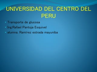 UNIVERSIDAD DEL CENTRO DEL 
PERU 
• Transporte de glucosa 
• Ing:Rafael Pantoja Esquivel 
• alumna. Ramírez estrada mayuniba 
 