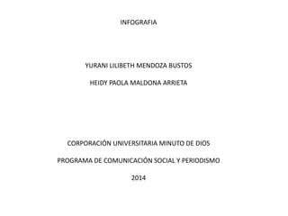 INFOGRAFIA 
YURANI LILIBETH MENDOZA BUSTOS 
HEIDY PAOLA MALDONA ARRIETA 
CORPORACIÓN UNIVERSITARIA MINUTO DE DIOS 
PROGRAMA DE COMUNICACIÓN SOCIAL Y PERIODISMO 
2014 
 