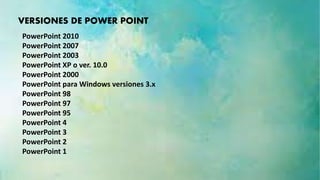 VERSIONES DE POWER POINT 
PowerPoint 2010 
PowerPoint 2007 
PowerPoint 2003 
PowerPoint XP o ver. 10.0 
PowerPoint 2000 
PowerPoint para Windows versiones 3.x 
PowerPoint 98 
PowerPoint 97 
PowerPoint 95 
PowerPoint 4 
PowerPoint 3 
PowerPoint 2 
PowerPoint 1 
