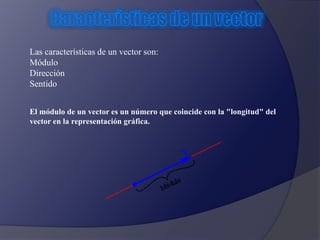 Las características de un vector son: 
Módulo 
Dirección 
Sentido 
El módulo de un vector es un número que coincide con la "longitud" del 
vector en la representación gráfica. 
 