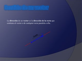 La dirección de un vector es la dirección de la recta que 
contiene al vector o de cualquier recta paralela a ella. 
 