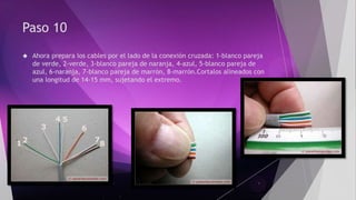 Paso 10 
 Ahora prepara los cables por el lado de la conexión cruzada: 1-blanco pareja 
de verde, 2-verde, 3-blanco pareja de naranja, 4-azul, 5-blanco pareja de 
azul, 6-naranja, 7-blanco pareja de marrón, 8-marrón.Cortalos alineados con 
una longitud de 14-15 mm, sujetando el extremo. 
 