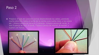 Paso 2 
 Preparar el lado de conexión normal desenrollando los cables, poniendo 
mucha atención, hasta el borde de la camisa (una vuelta más), y los coloco 
así: 1-blanco pareja de naranja, 2-naranja, 3-blanco pareja de verde, 4- 
azul 5-pareja de azul, 6-verde, 7-blanco pareja de marrón, 8-marrón, y 
sujetar con fuerza. 
 