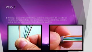 Paso 3 
 Sin dejar que el orden cambie hasta acabar la construcción del conector sin 
soltar los cables por abajo, para que ninguna conexión cambie de posición, 
estirar bien los cables poniéndolos totalmente paralelos. 
 
