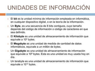 UNIDADES DE INFORMACIÓN 
 El bit es la unidad mínima de información empleada en informática, 
en cualquier dispositivo digital, o en la teoría de la información. 
 Un Byte, es una secuencia de 8 bits contiguos, cuyo tamaño 
depende del código de información o código de caracteres en que 
sea definido. 
 El Kilobyte es una unidad de almacenamiento de información que 
equivale a 103 bytes. 
 El Megabyte es una unidad de medida de cantidad de datos 
informáticos, equivale a un millón de bytes. 
 Un Gigabyte es una unidad de almacenamiento de información 
que equivale a 109 bytes. Esta es una unidad es muy usada hoy en 
día. 
 Un terabyte es una unidad de almacenamiento de información que 
equivale a 1012 bytes. 
 
