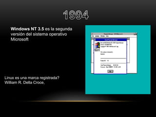 Windows NT 3.5 es la segunda 
versión del sistema operativo 
Microsoft 
Linux es una marca registrada? 
William R. Della Croce, 
 