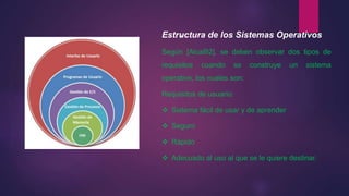 Estru.ctura de los Sistemas Operativos 
Según [Alcal92], se deben observar dos tipos de 
requisitos cuando se construye un sistema 
operativo, los cuales son: 
Requisitos de usuario: 
 Sistema fácil de usar y de aprender 
 Seguro 
 Rápido 
 Adecuado al uso al que se le quiere destinar. 
 