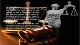 Significado de Derecho 
Etimológicamente, el término derecho proviene del 
latín “directum”, que significa aquello que está 
conforme a la regla. A grandes rasgos, se podría 
decir que dicho concepto alude al sistema de 
instituciones, principios y normas que regulan la 
conducta de humana dentro de una sociedad, con el 
objetivo de alcanzar el bien común, la seguridad y 
la justicia. 
El derecho se caracteriza entonces por estar 
compuesto por una serie de normas jurídicas, que 
regulan las relaciones, entre dos o más personas, 
que posean obligaciones y derechos de forma 
recíproca 
 