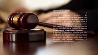 Significado de Derecho 
Etimológicamente, el 
término derecho proviene del 
latín “directum”, que significa aquello que 
está conforme a la regla. A grandes rasgos, se 
podría decir que dicho concepto alude al 
sistema de instituciones, principios y normas 
que regulan la conducta de humana dentro 
de una sociedad, con el objetivo de alcanzar 
el bien común, la seguridad y la justicia. 
El derecho se caracteriza entonces por estar 
compuesto por una serie de normas jurídicas, 
que regulan las relaciones, entre dos o más 
personas, que posean obligaciones y 
derechos de forma recíproca 
 