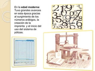 En la edad moderna:
Tuvo grandes avances
en esta época gracias
al surgimiento de los
números arábigos, la
creación de la
imprenta y el inicio del
uso del sistema de
pólizas.
 