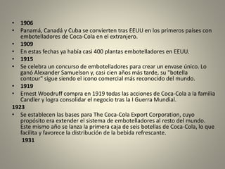 • 1906 
• Panamá, Canadá y Cuba se convierten tras EEUU en los primeros países con 
embotelladores de Coca-Cola en el extranjero. 
• 1909 
• En estas fechas ya había casi 400 plantas embotelladores en EEUU. 
• 1915 
• Se celebra un concurso de embotelladores para crear un envase único. Lo 
ganó Alexander Samuelson y, casi cien años más tarde, su "botella 
contour" sigue siendo el icono comercial más reconocido del mundo. 
• 1919 
• Ernest Woodruff compra en 1919 todas las acciones de Coca-Cola a la familia 
Candler y logra consolidar el negocio tras la I Guerra Mundial. 
1923 
• Se establecen las bases para The Coca-Cola Export Corporation, cuyo 
propósito era extender el sistema de embotelladores al resto del mundo. 
Este mismo año se lanza la primera caja de seis botellas de Coca-Cola, lo que 
facilita y favorece la distribución de la bebida refrescante. 
1931 
 